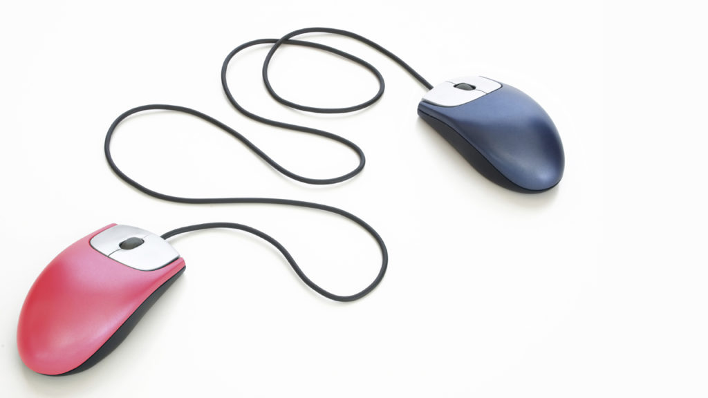two computer mice with one connected cord