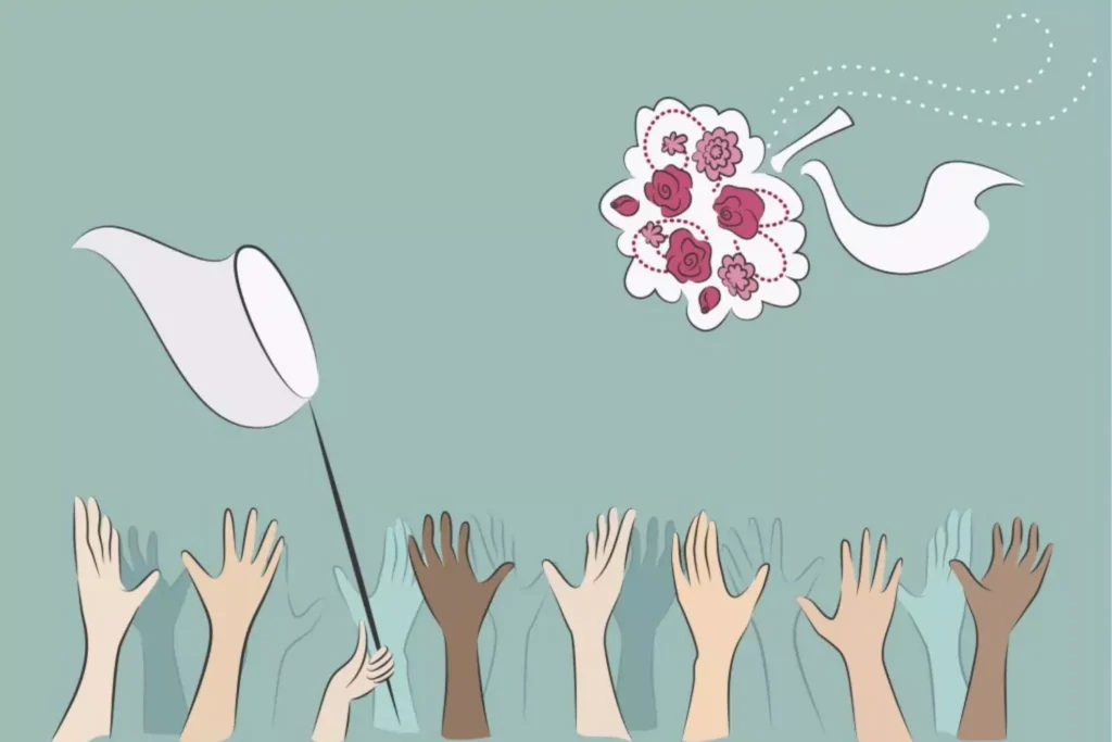 a graphic of people trying to catch the bouquet during wedding season