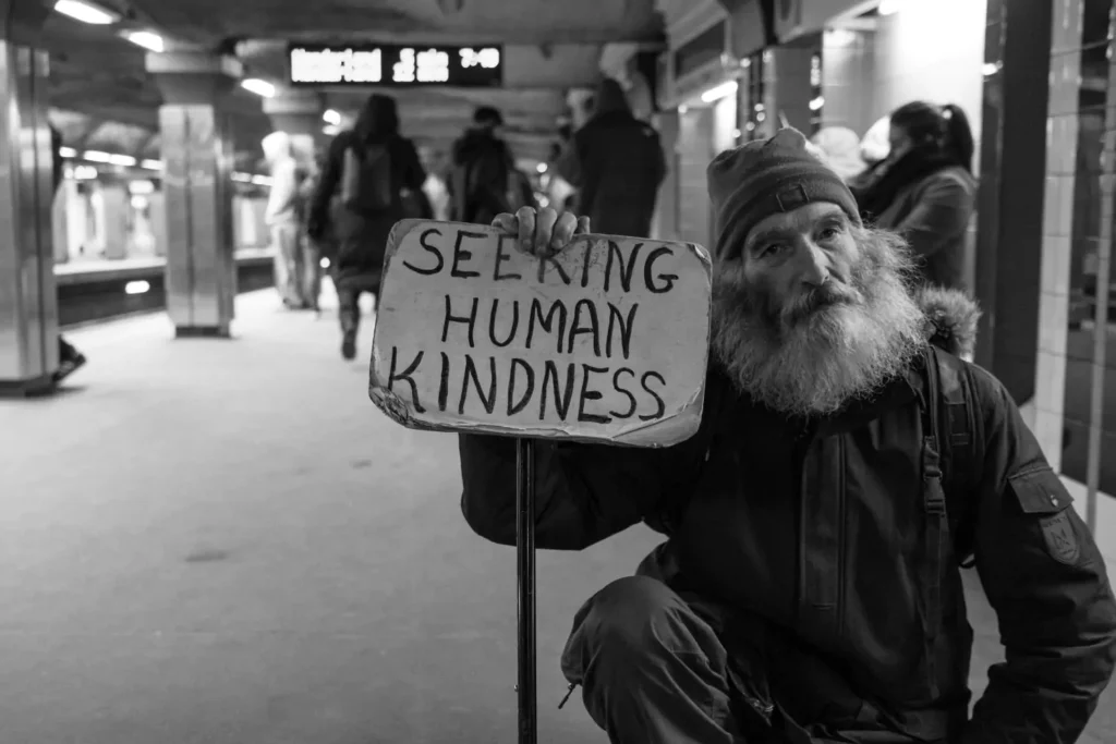 a man, a peacemaker, holding a sign that says "seeking human kindness"