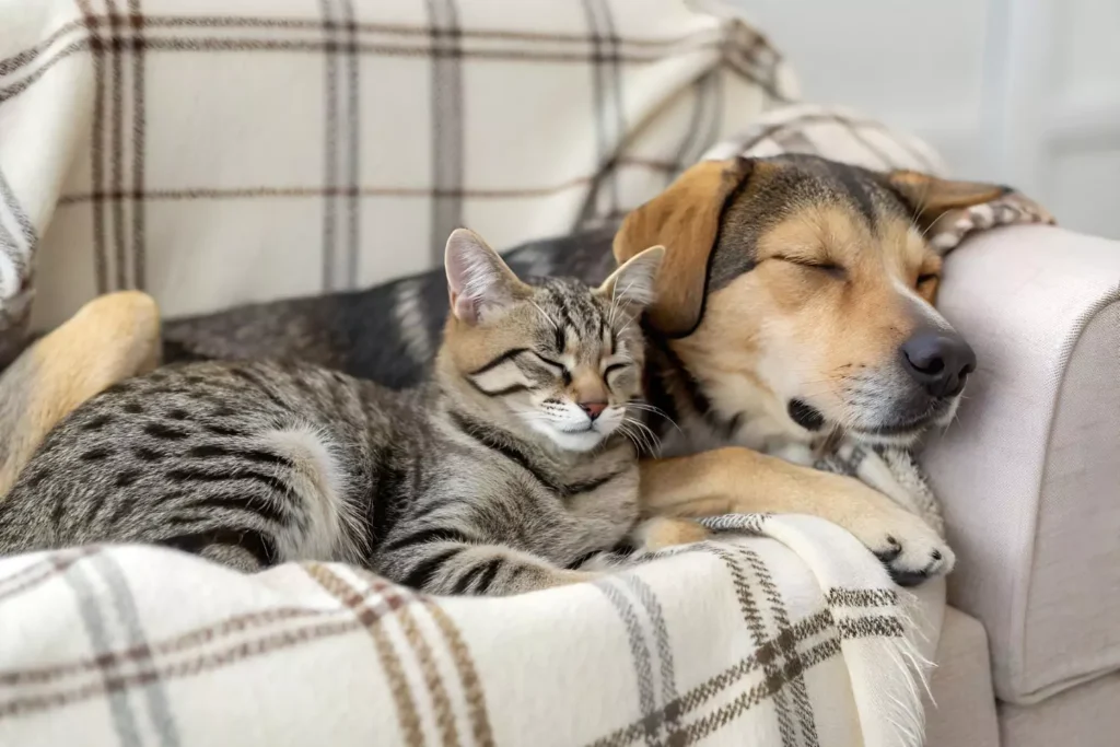 a picture of pets sitting on the couch